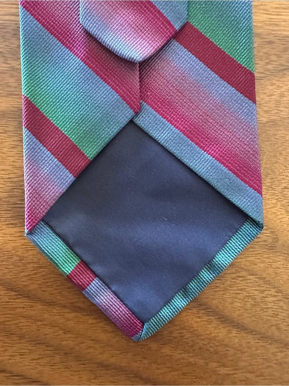 Paul Stuart Striped Tie in Burgundy, Green & Slate Blue
